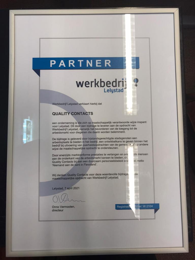 Plaque van partner Werkbedrijf Lelystad